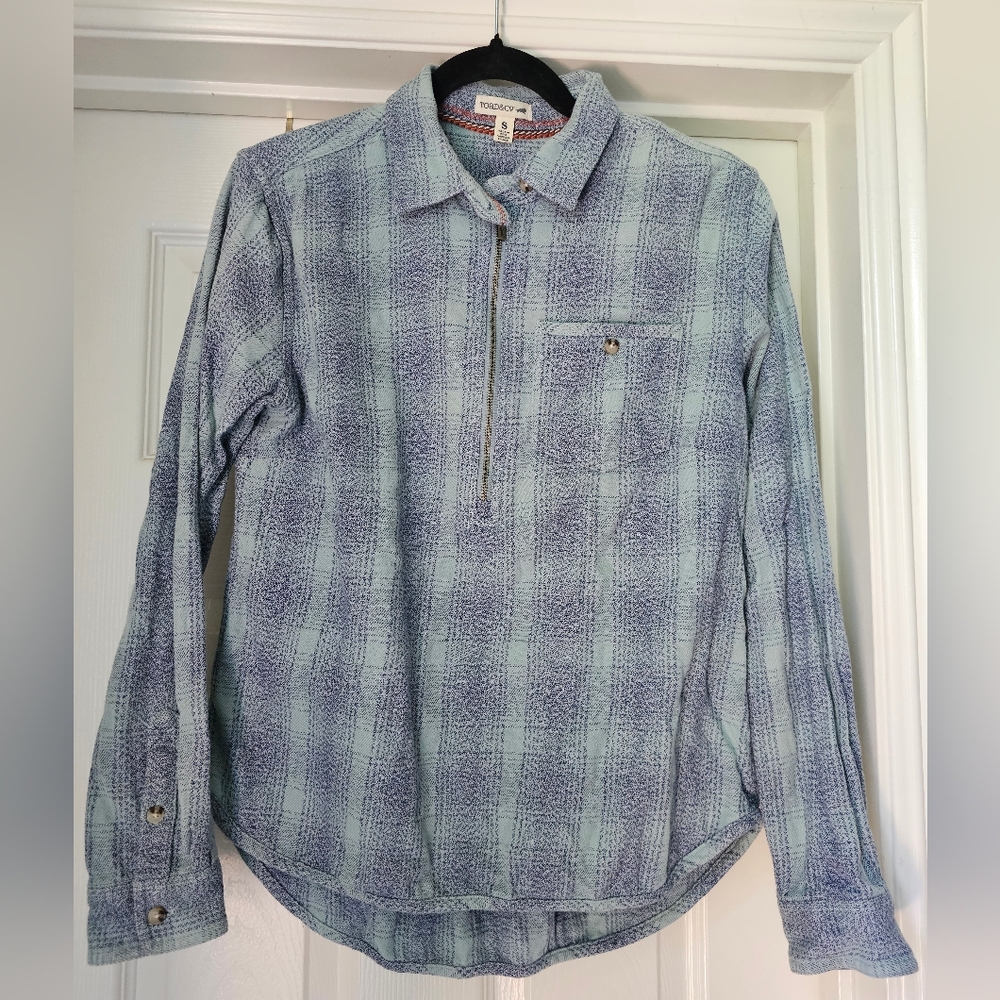 Toad & Co Bodie Dos 1/4 zip flannel blue green women's size small